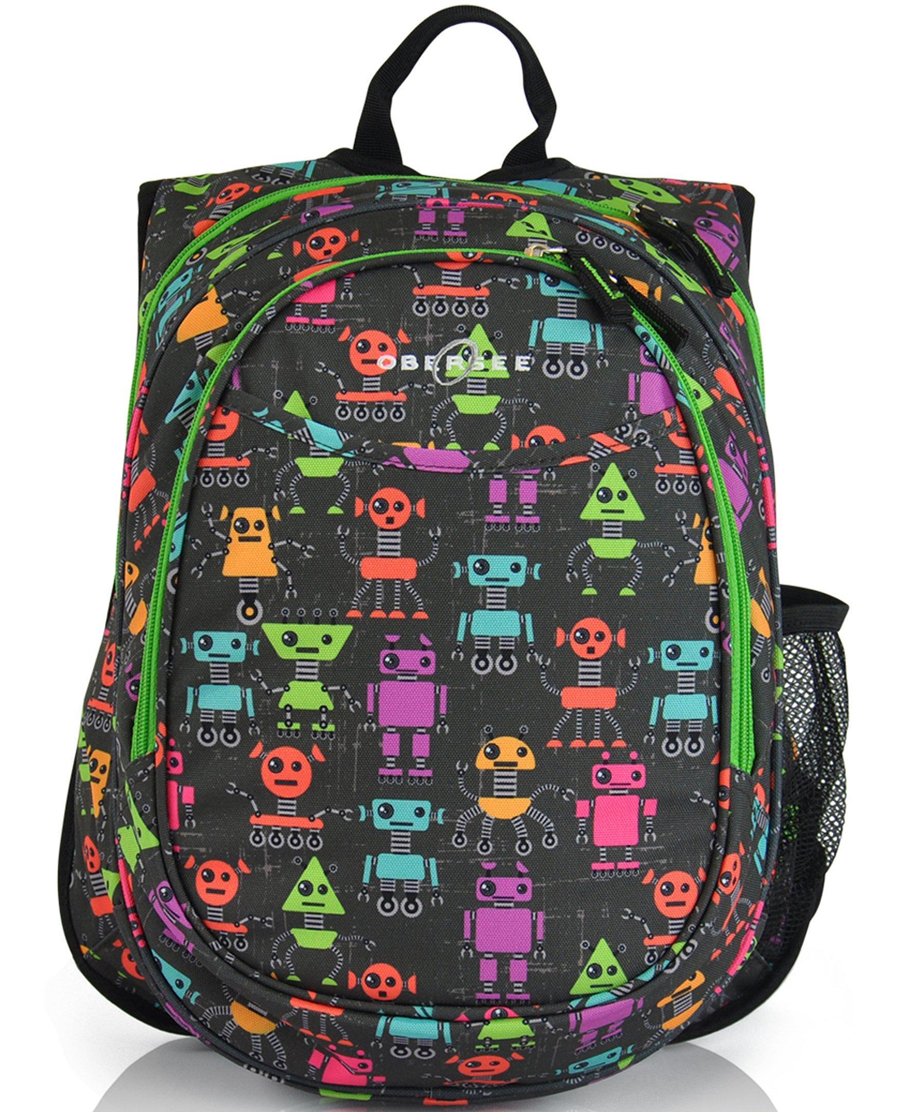 Obersee Mini Preschool All-in-One Backpack featuring a colorful robot design, perfect for toddlers, with insulated cooler and padded straps.