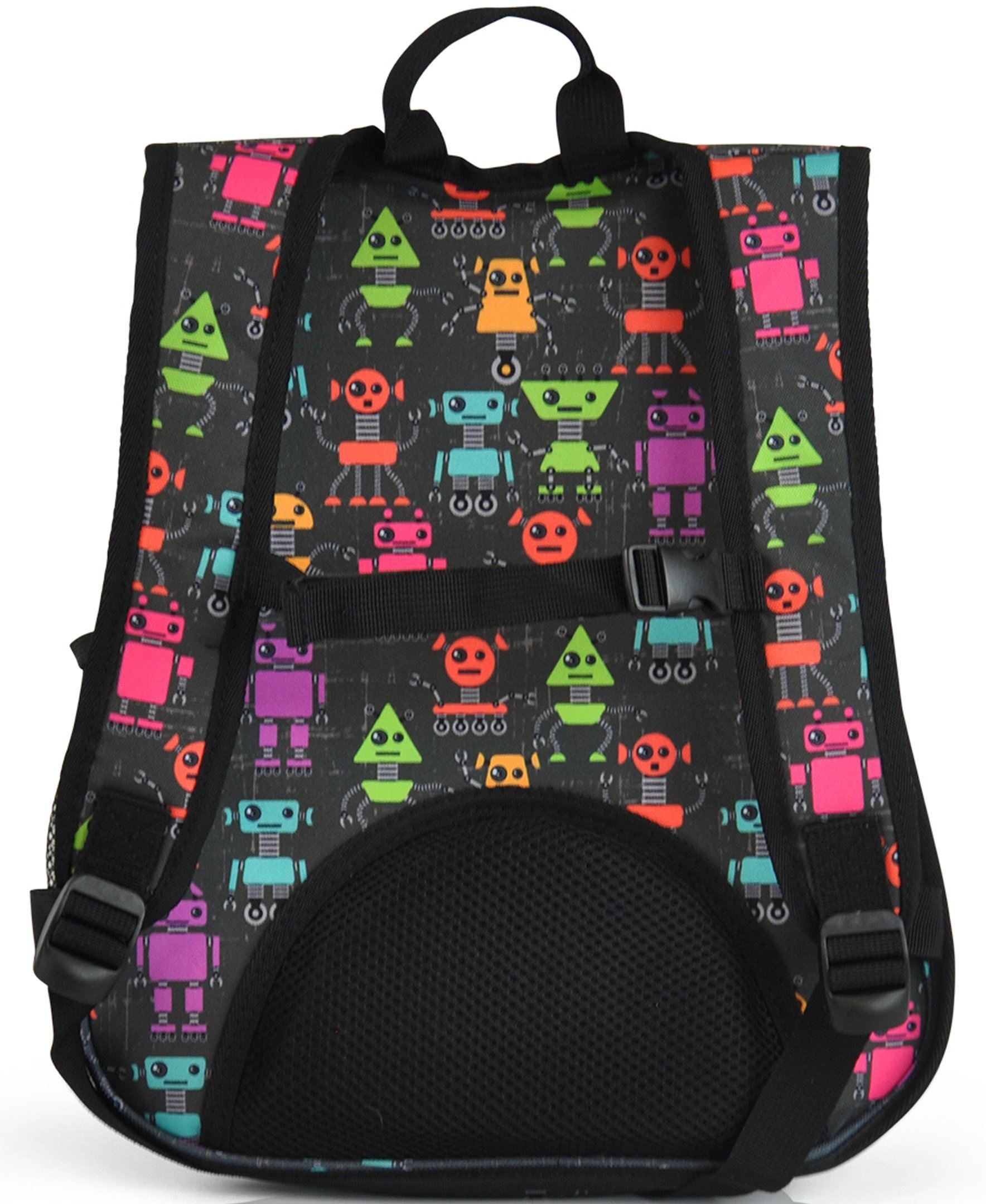 Obersee Mini Preschool All-in-One Backpack featuring a colorful robot design, perfect for toddlers, with insulated cooler and padded straps.