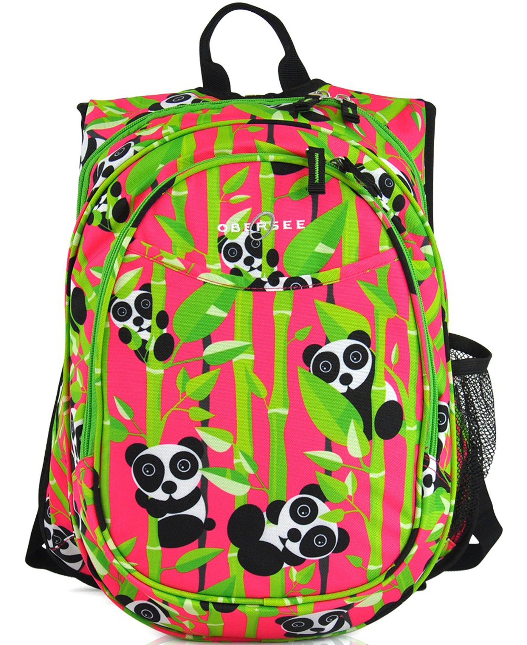 Obersee Mini Preschool All-in-One Backpack for Toddlers featuring a panda design, insulated cooler pocket, and padded straps, perfect for young children.