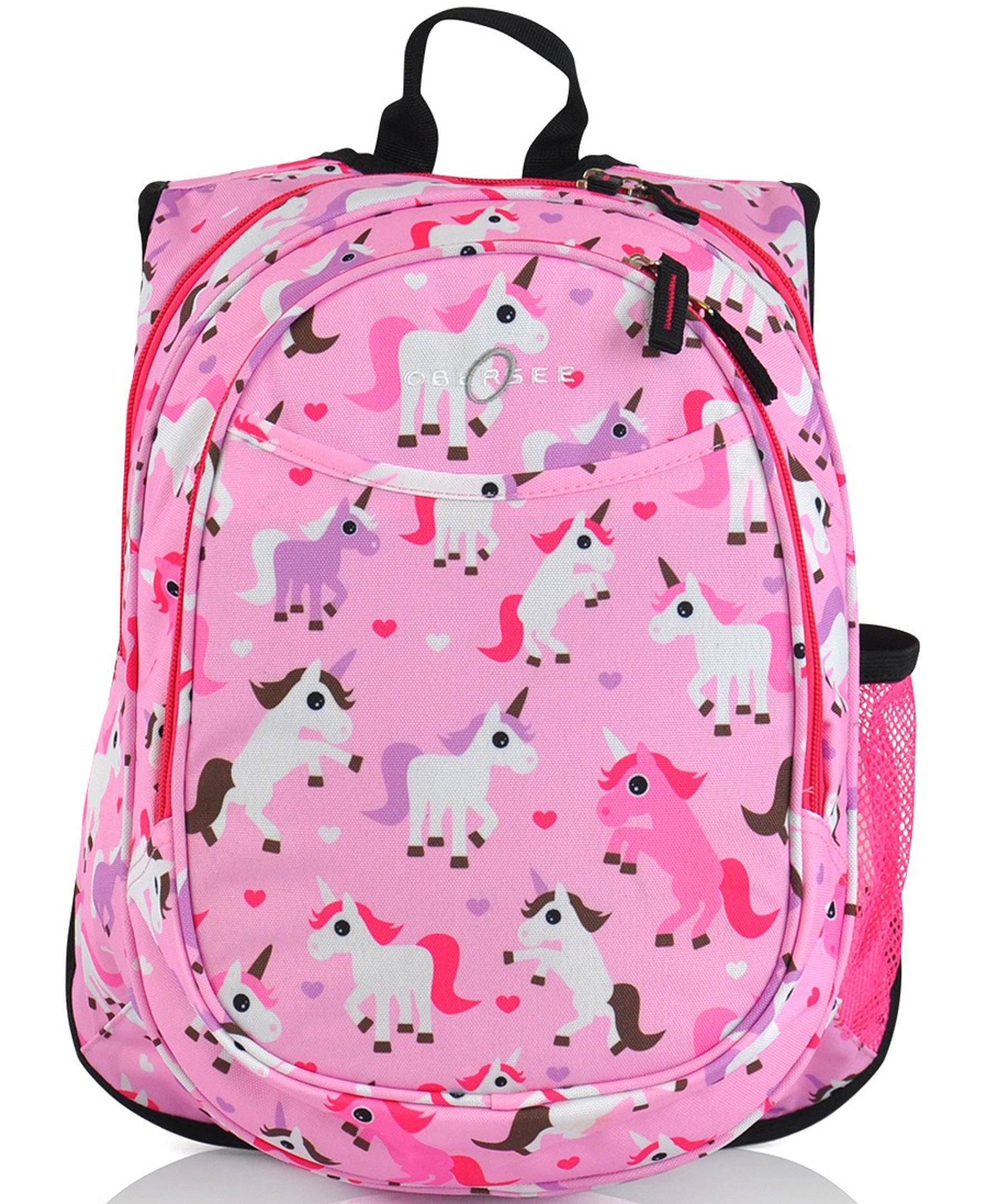 Obersee Mini Preschool All-in-One Backpack featuring a vibrant unicorn design, compact size, and insulated cooler pocket for snacks.