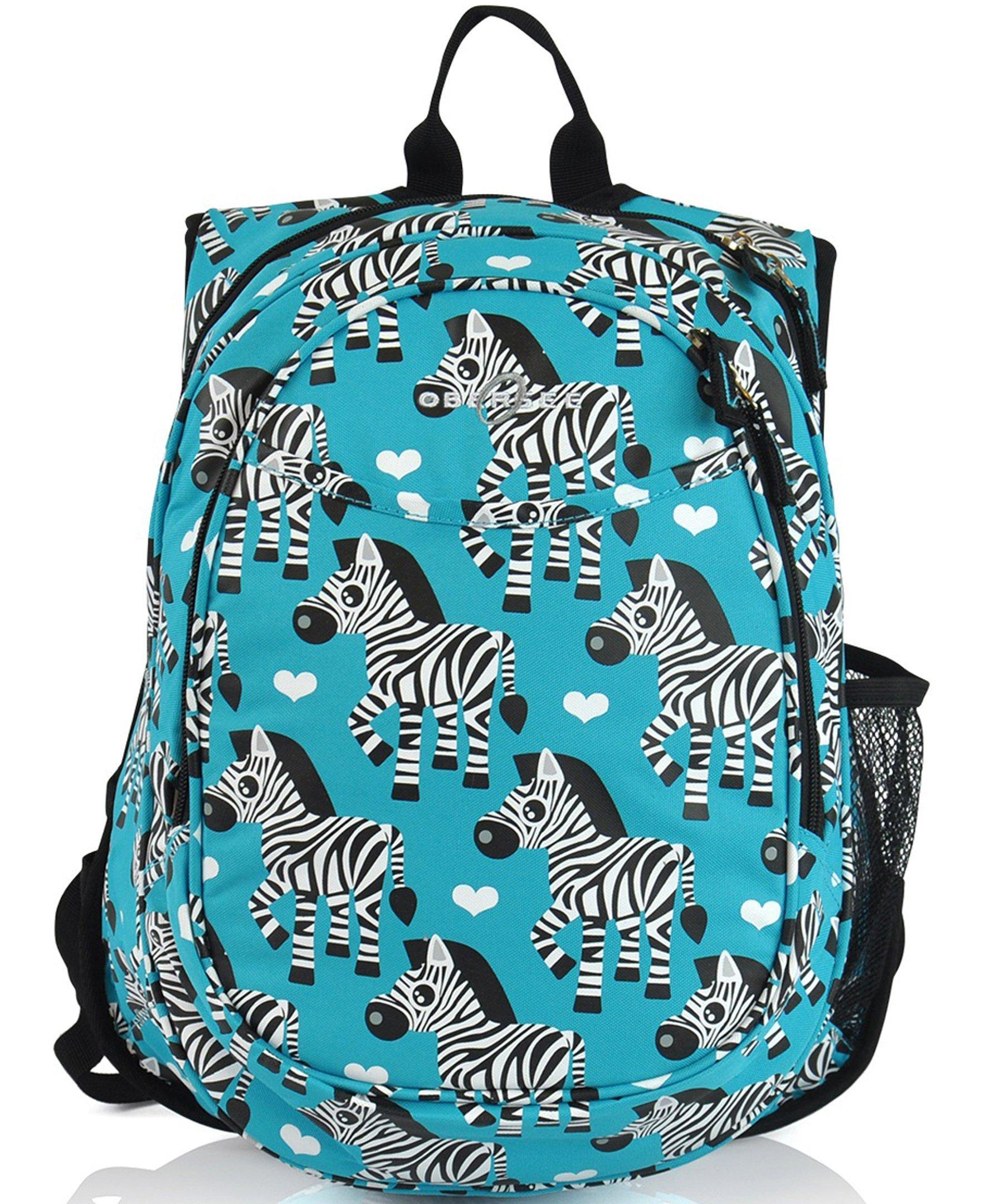 Obersee Mini Preschool All-in-One Backpack for Toddlers featuring a vibrant zebra design, insulated cooler pocket, and padded shoulder straps.