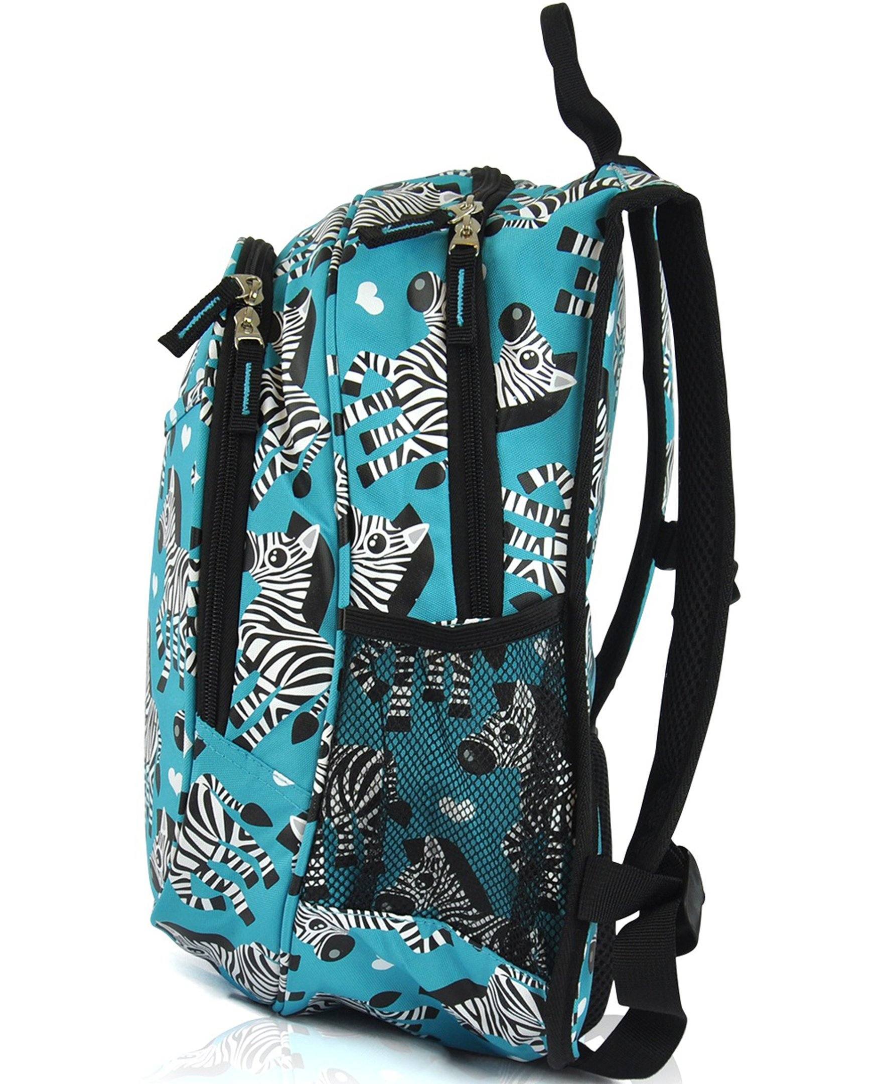 Obersee Mini Preschool All-in-One Backpack for Toddlers featuring a vibrant zebra design, insulated cooler pocket, and padded shoulder straps.