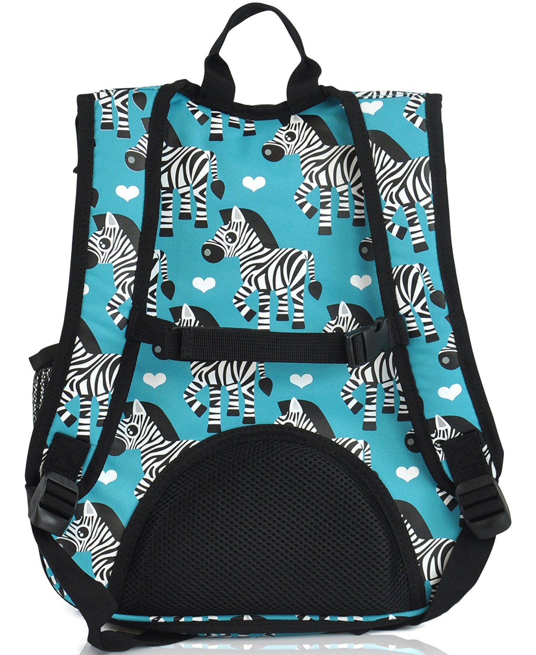 Obersee Mini Preschool All-in-One Backpack for Toddlers featuring a vibrant zebra design, insulated cooler pocket, and padded shoulder straps.