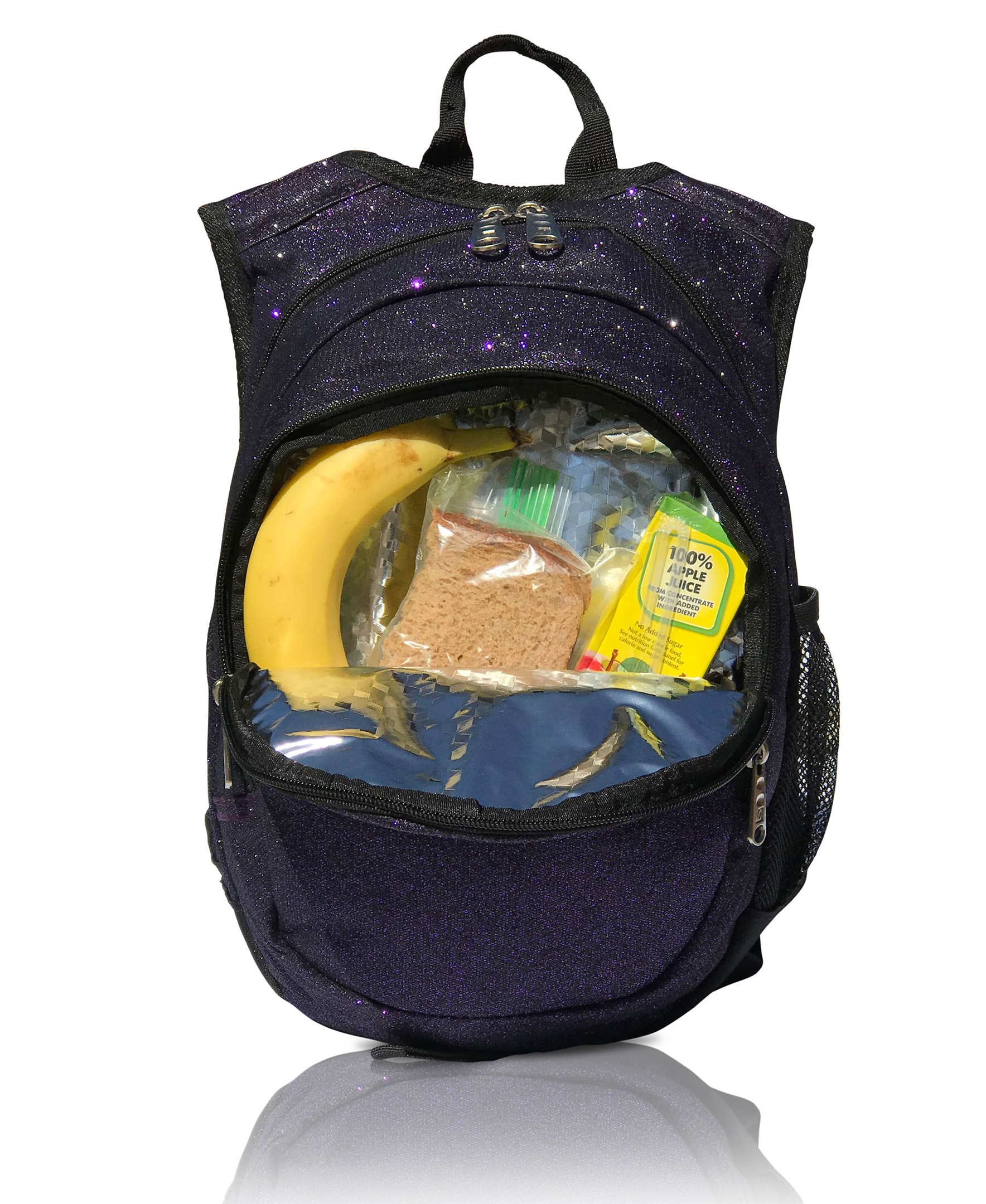 Obersee Mini Preschool Backpack for Girls in vibrant sparkle design, featuring insulated cooler pocket and padded straps, ideal for toddlers.