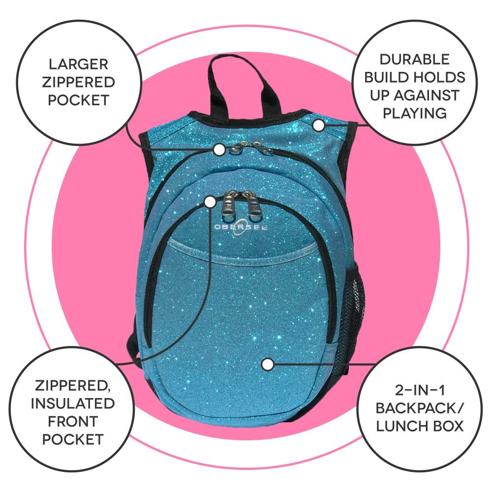 Obersee Mini Preschool Backpack for Girls in vibrant sparkle design, featuring insulated cooler pocket and padded straps, ideal for toddlers.