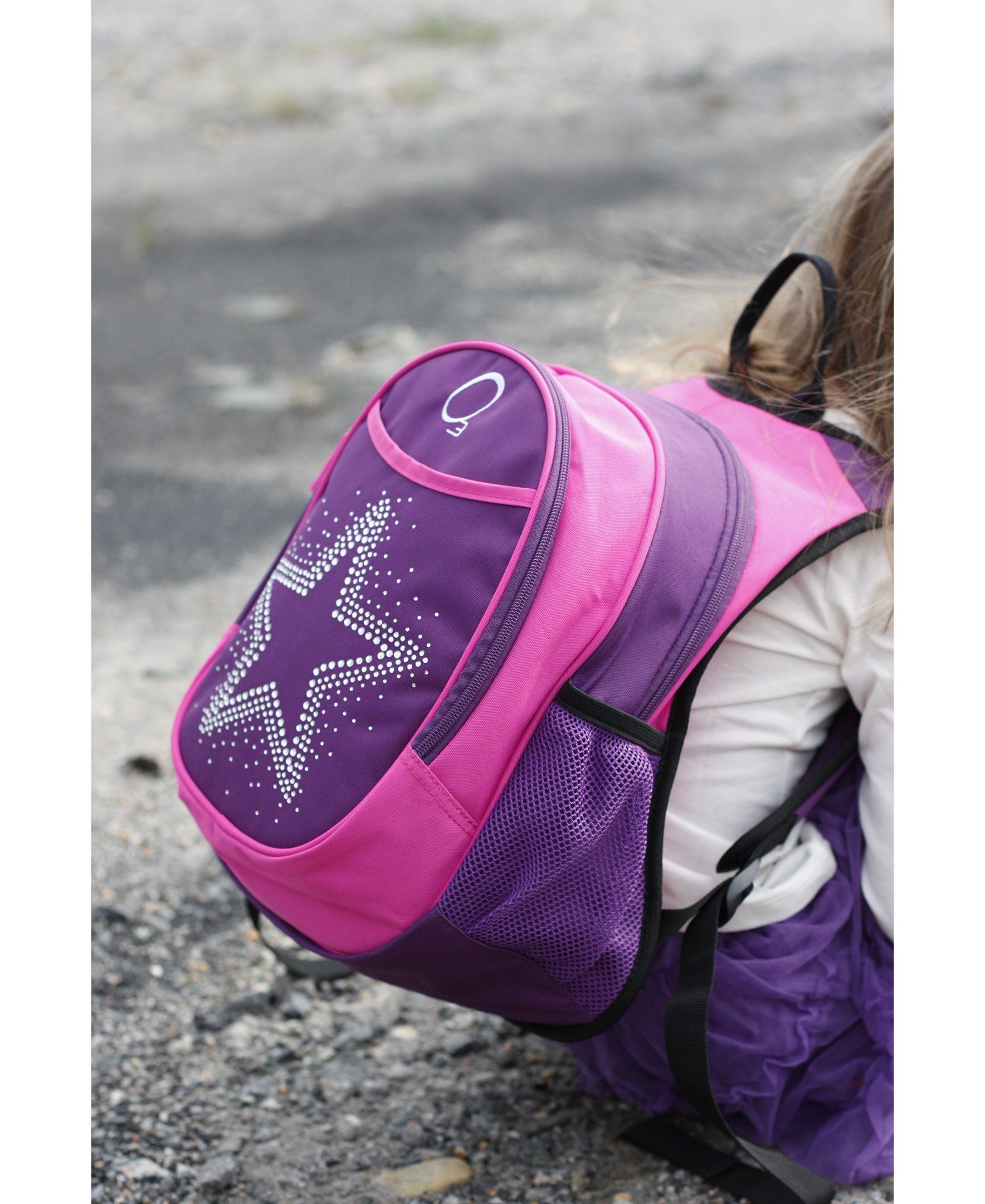 Obersee Mini Preschool All-in-One Backpack for Toddlers featuring a vibrant purple design with a rhinestone star, ideal for carrying snacks and essentials.