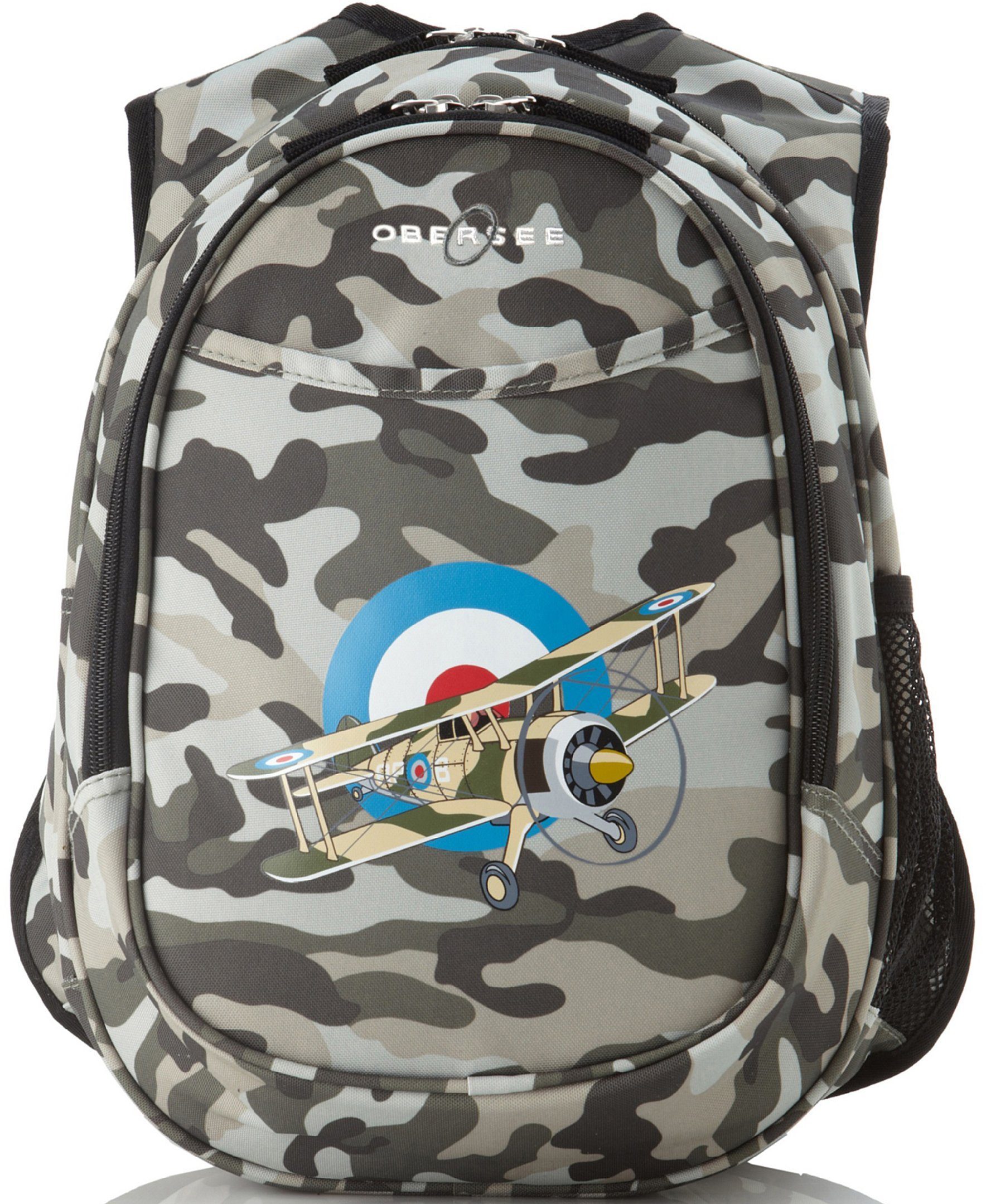 Obersee Mini Preschool All-in-One Backpack for Toddlers featuring a camo airplane design, compact size, and insulated cooler pocket.