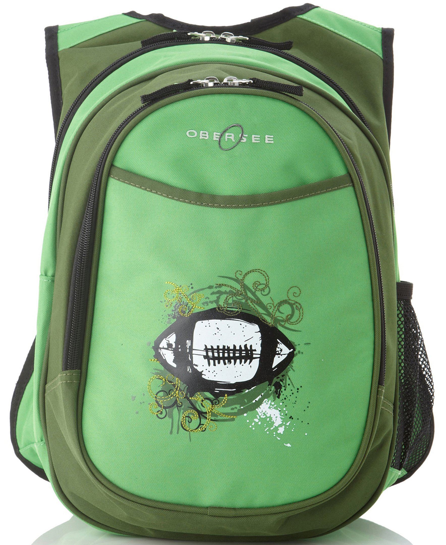 Obersee Mini Preschool All-in-One Backpack for Toddlers featuring a green football design, compact size, and insulated cooler pocket.