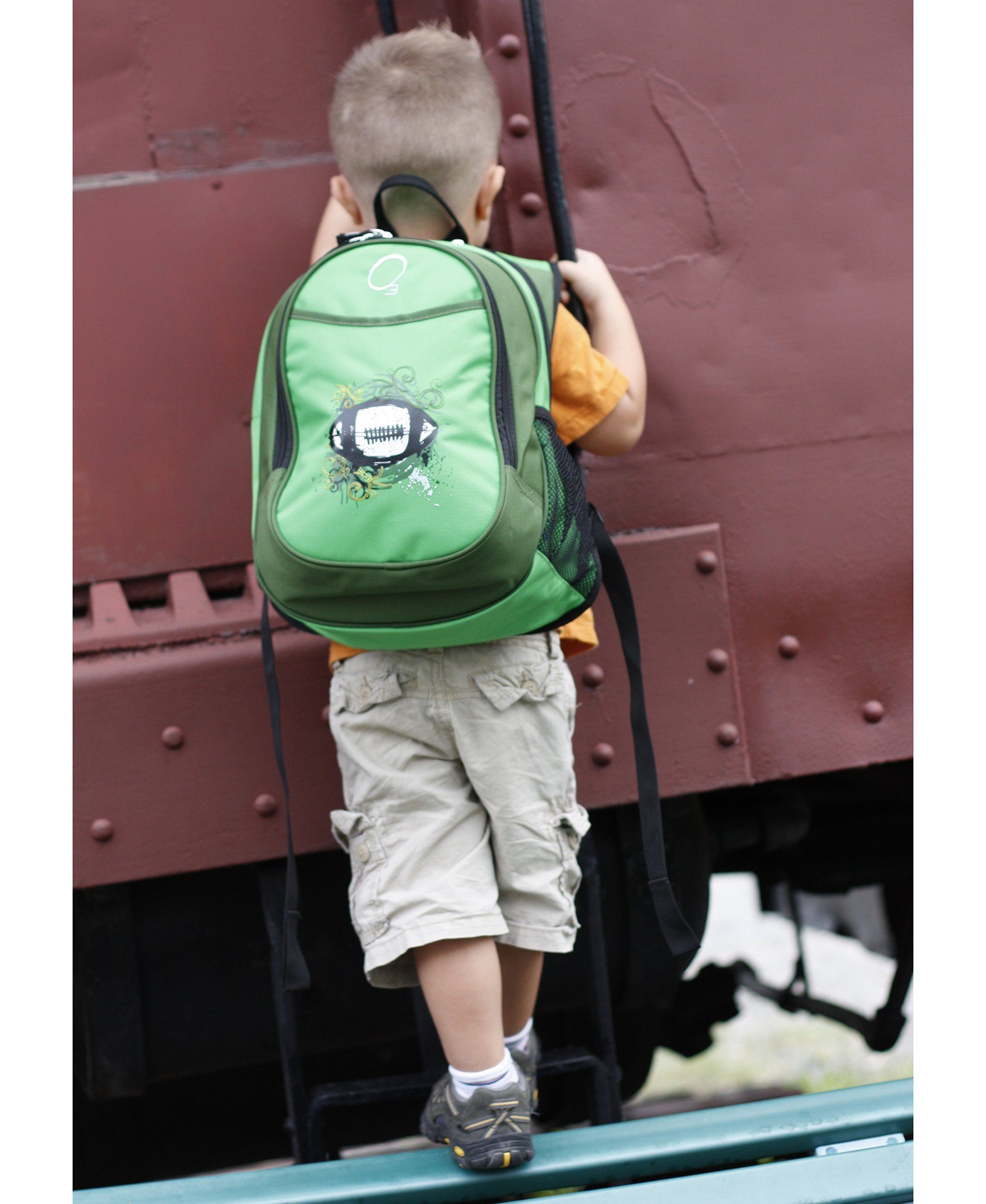 Obersee Mini Preschool All-in-One Backpack for Toddlers featuring a green football design, compact size, and insulated cooler pocket.