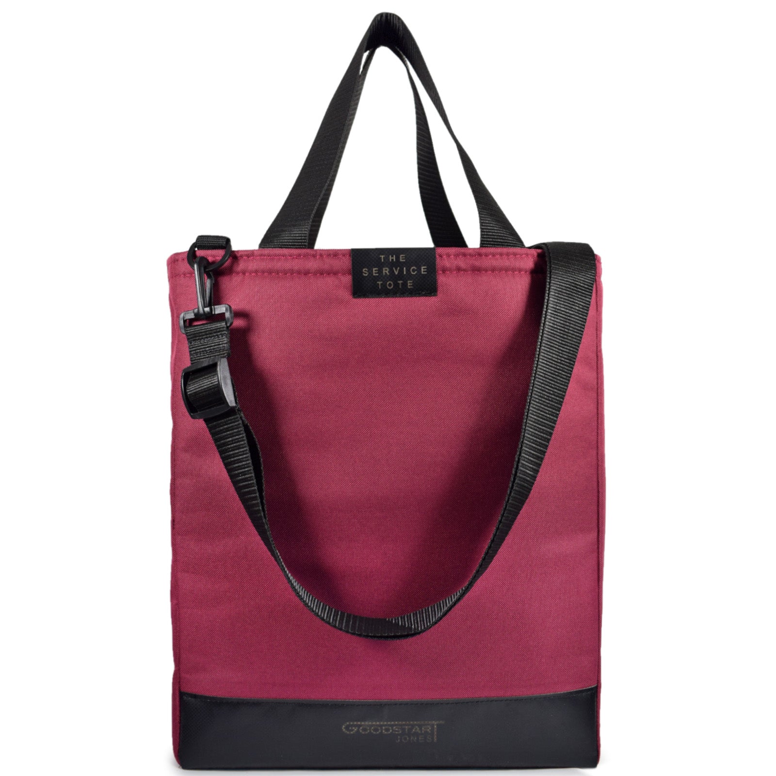 Burgundy padded service tote bag with comfortable handles and spacious interior, perfect for shopping and everyday use.