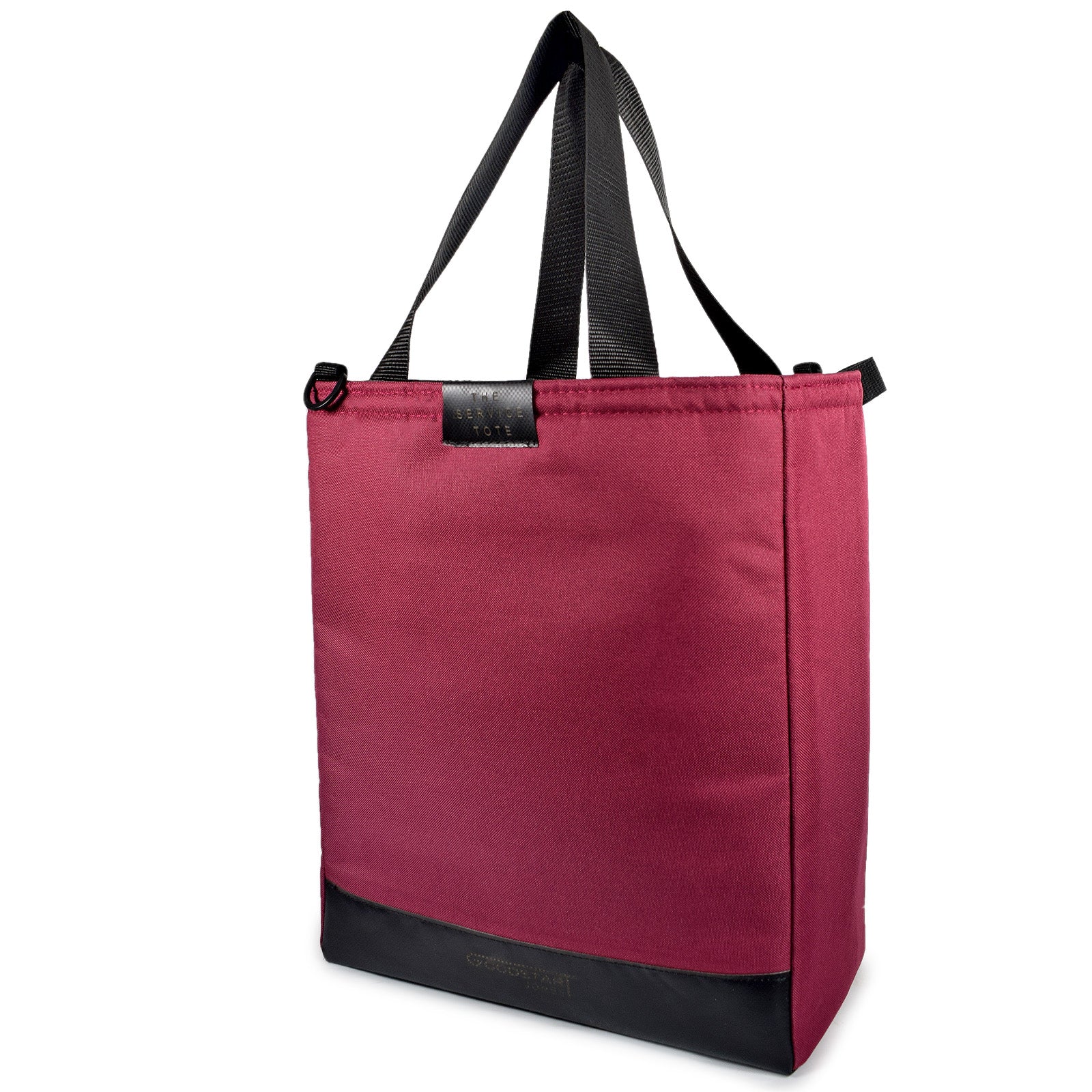 Burgundy padded service tote bag with comfortable handles and spacious interior, perfect for shopping and everyday use.