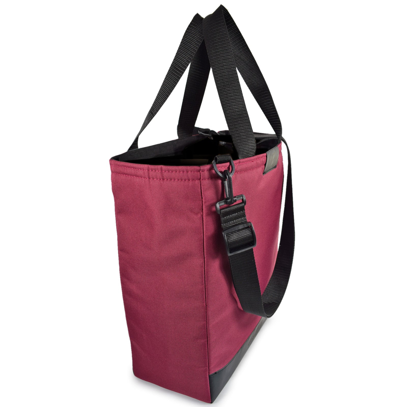 Burgundy padded service tote bag with comfortable handles and spacious interior, perfect for shopping and everyday use.