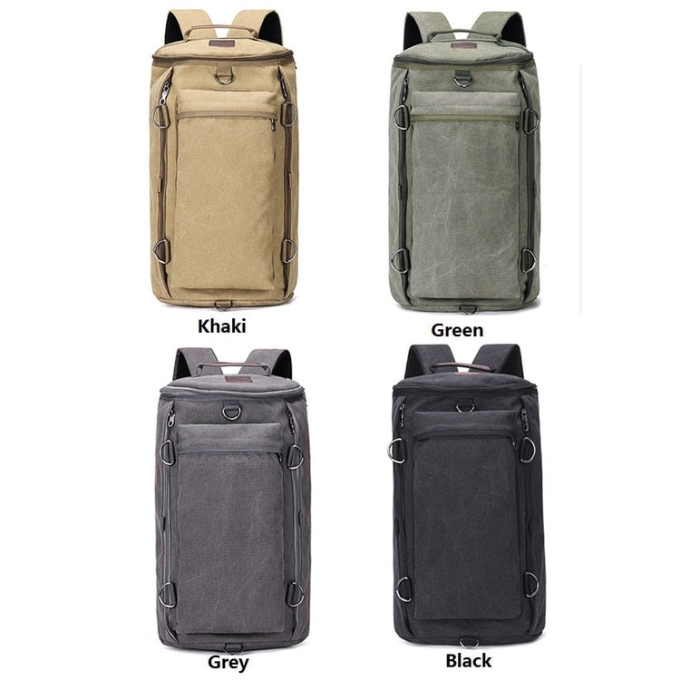 A stylish preppy style backpack in green, black, khaki, and grey colors, featuring a cylindrical shape, zipper closure, and laptop pocket.