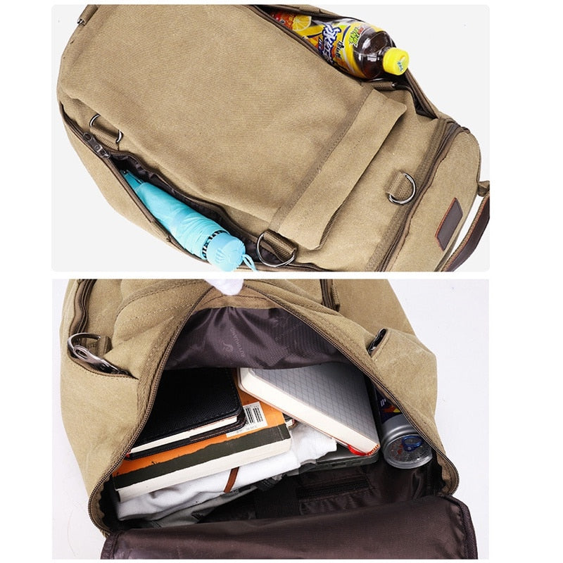 A stylish preppy style backpack in green, black, khaki, and grey colors, featuring a cylindrical shape, zipper closure, and laptop pocket.