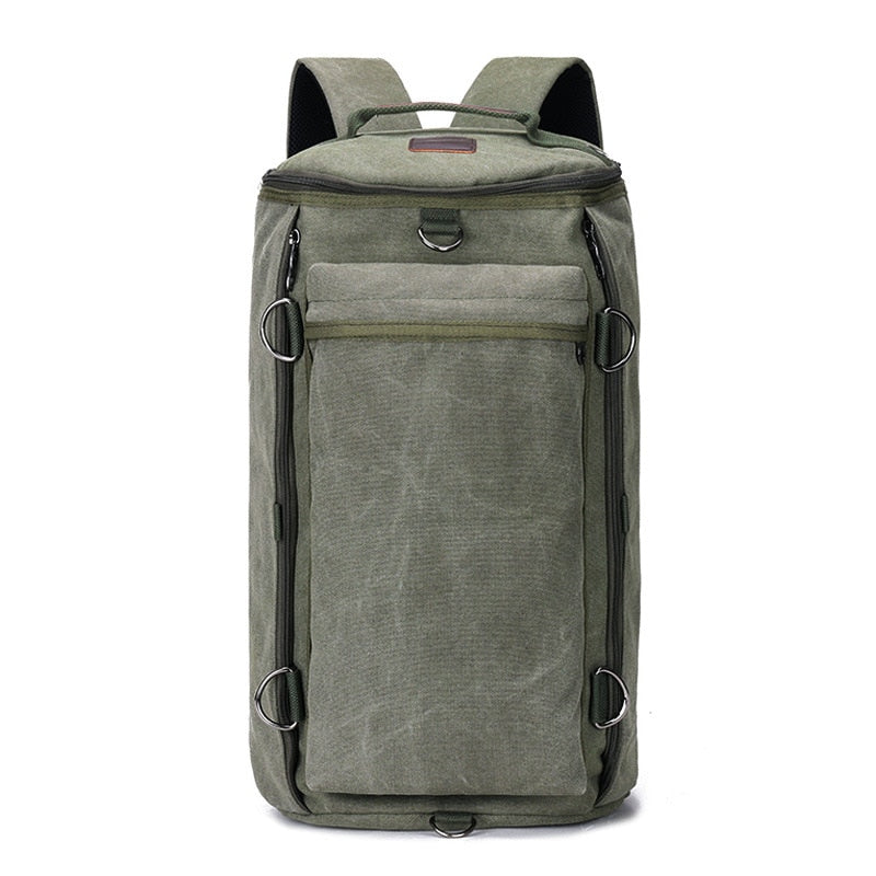 A stylish preppy style backpack in green, black, khaki, and grey colors, featuring a cylindrical shape, zipper closure, and laptop pocket.