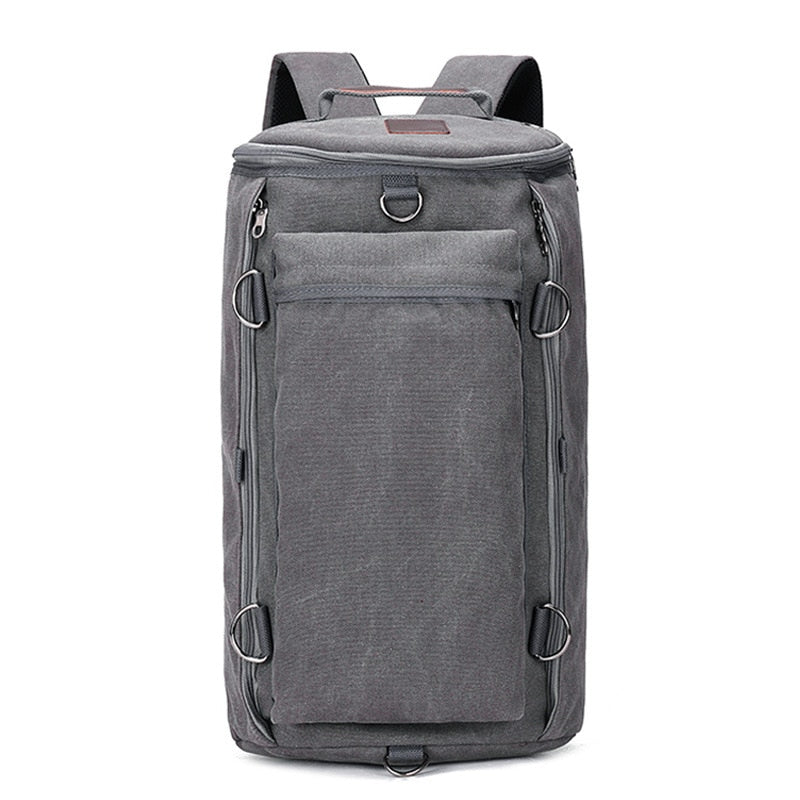 A stylish preppy style backpack in green, black, khaki, and grey colors, featuring a cylindrical shape, zipper closure, and laptop pocket.