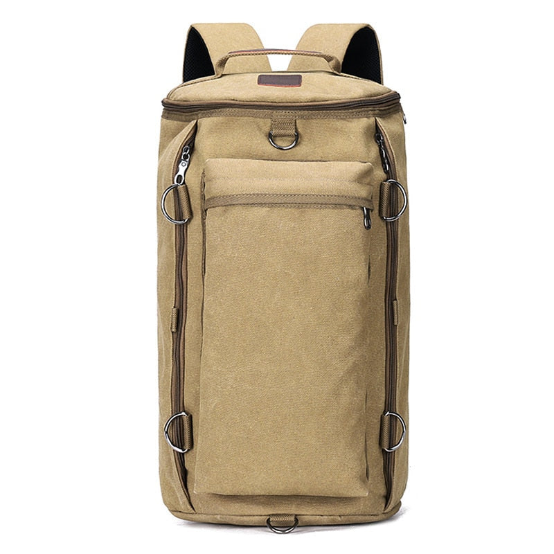 A stylish preppy style backpack in green, black, khaki, and grey colors, featuring a cylindrical shape, zipper closure, and laptop pocket.