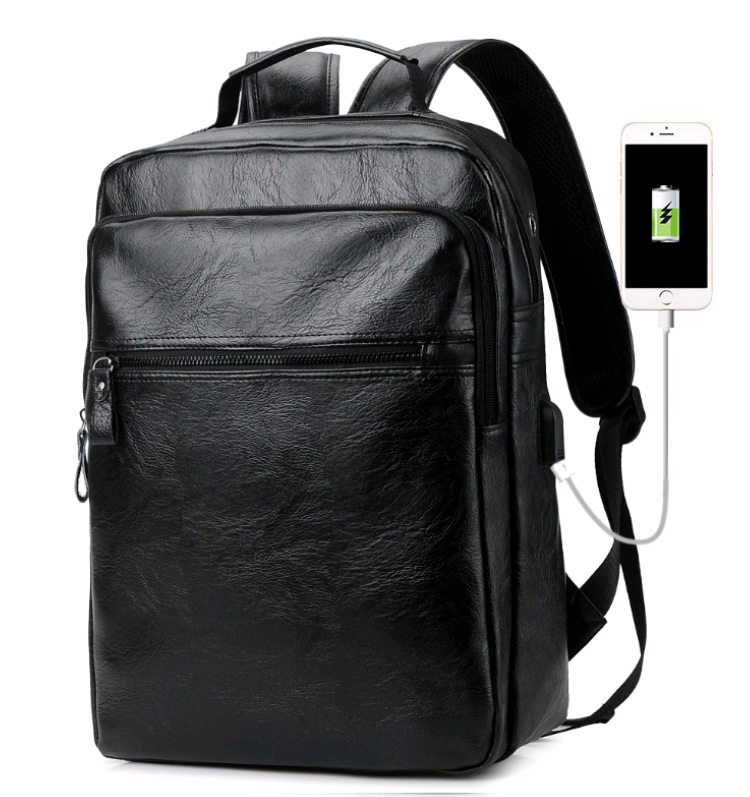 PU Large Capacity Laptop Travel Backpack for Men, featuring a stylish design, multiple pockets, and a USB charging port.