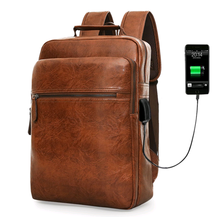 PU Large Capacity Laptop Travel Backpack for Men, featuring a stylish design, multiple pockets, and a USB charging port.