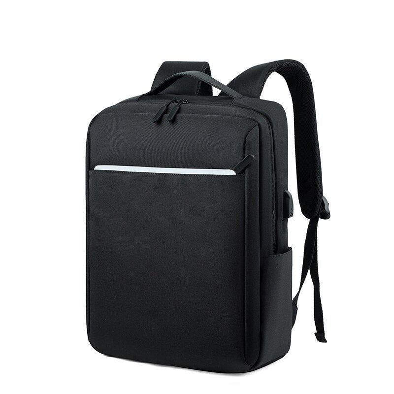 Simple Business Style Men's Backpack designed for 15.6-inch laptops, featuring durable nylon material, adjustable straps, and reflective stripe.