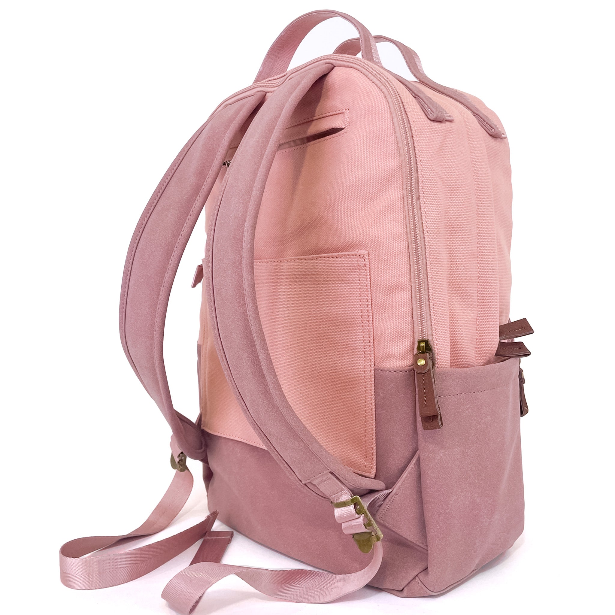 Stylish pink backpack with multiple pockets and a sleek design, featuring a secret back pocket and dedicated laptop compartment.