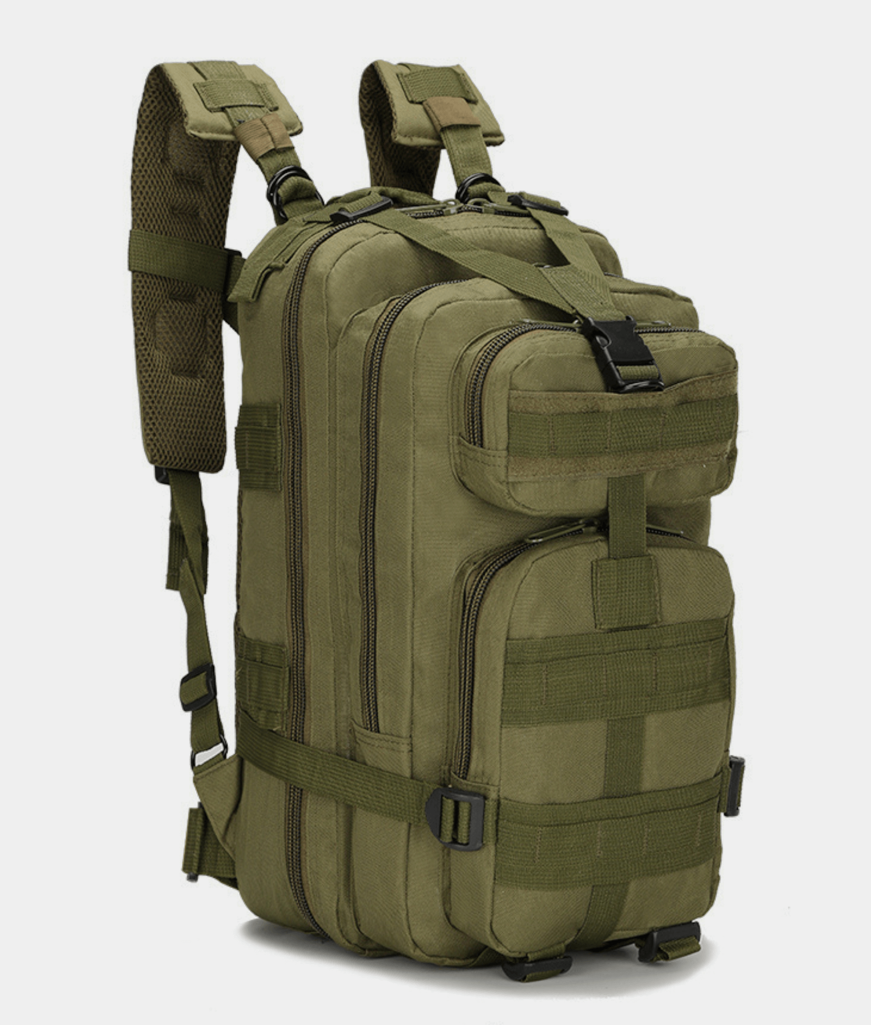 Tactical 25L Molle Backpack in olive green with multiple compartments and adjustable straps, ideal for outdoor activities and daily use.