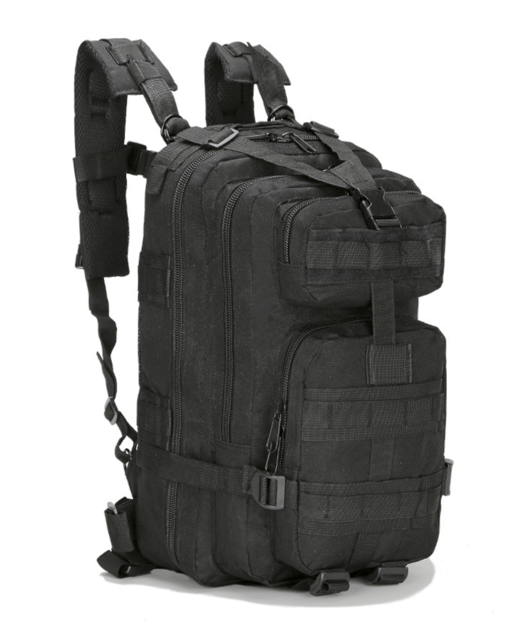 Tactical 25L Molle Backpack in olive green with multiple compartments and adjustable straps, ideal for outdoor activities and daily use.