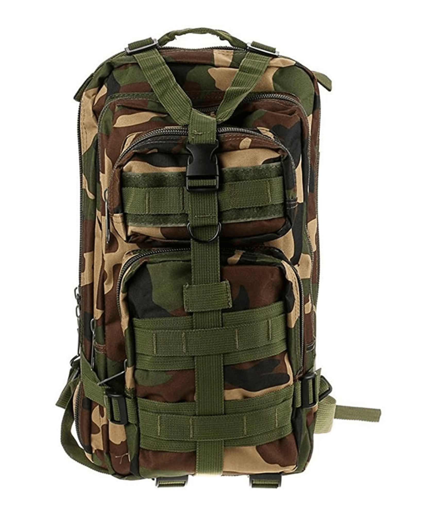 Tactical 25L Molle Backpack in olive green with multiple compartments and adjustable straps, ideal for outdoor activities and daily use.