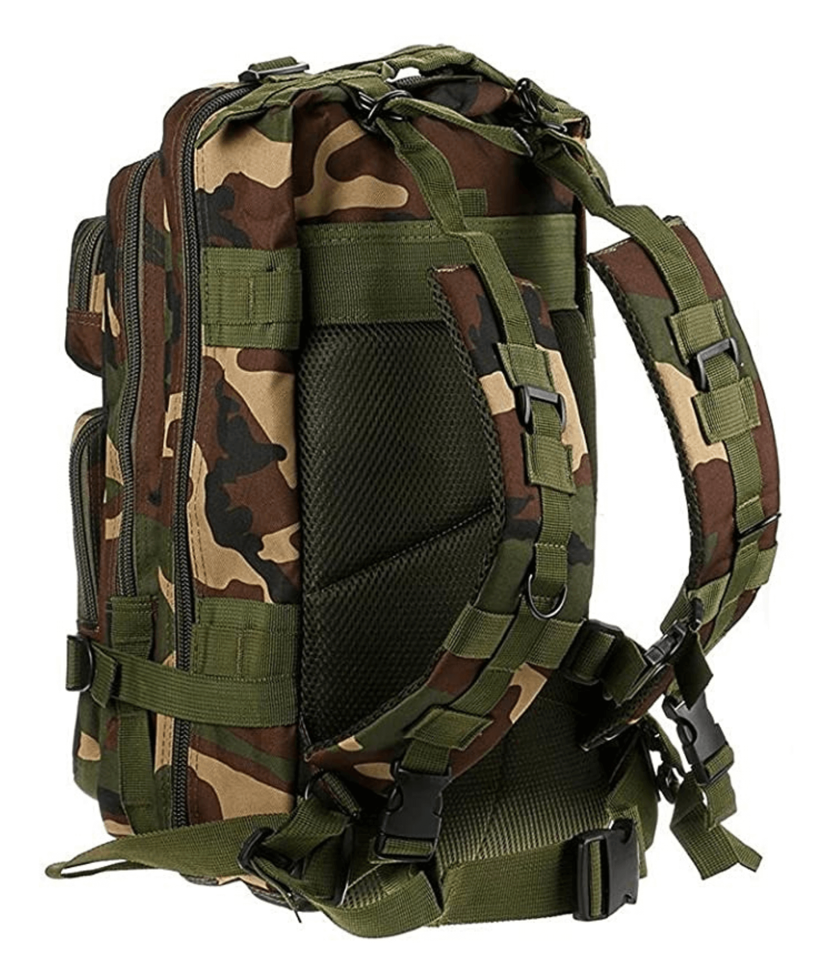 Tactical 25L Molle Backpack in olive green with multiple compartments and adjustable straps, ideal for outdoor activities and daily use.