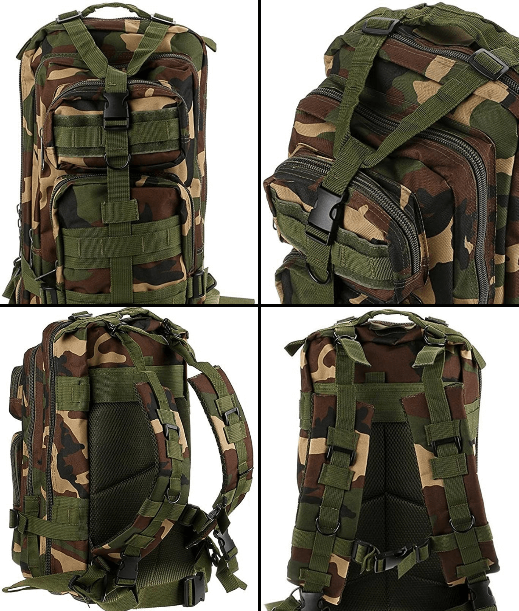 Tactical 25L Molle Backpack in olive green with multiple compartments and adjustable straps, ideal for outdoor activities and daily use.