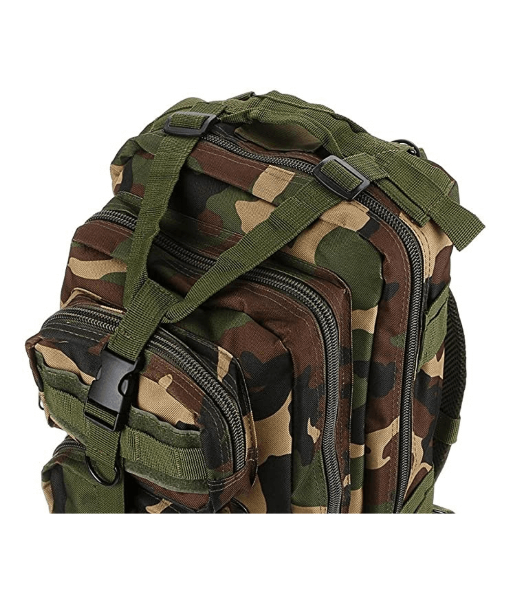 Tactical 25L Molle Backpack in olive green with multiple compartments and adjustable straps, ideal for outdoor activities and daily use.