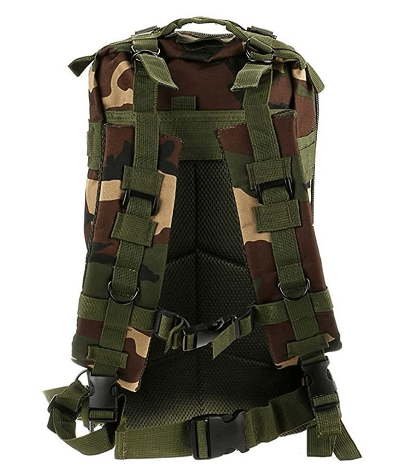 Tactical 25L Molle Backpack in olive green with multiple compartments and adjustable straps, ideal for outdoor activities and daily use.