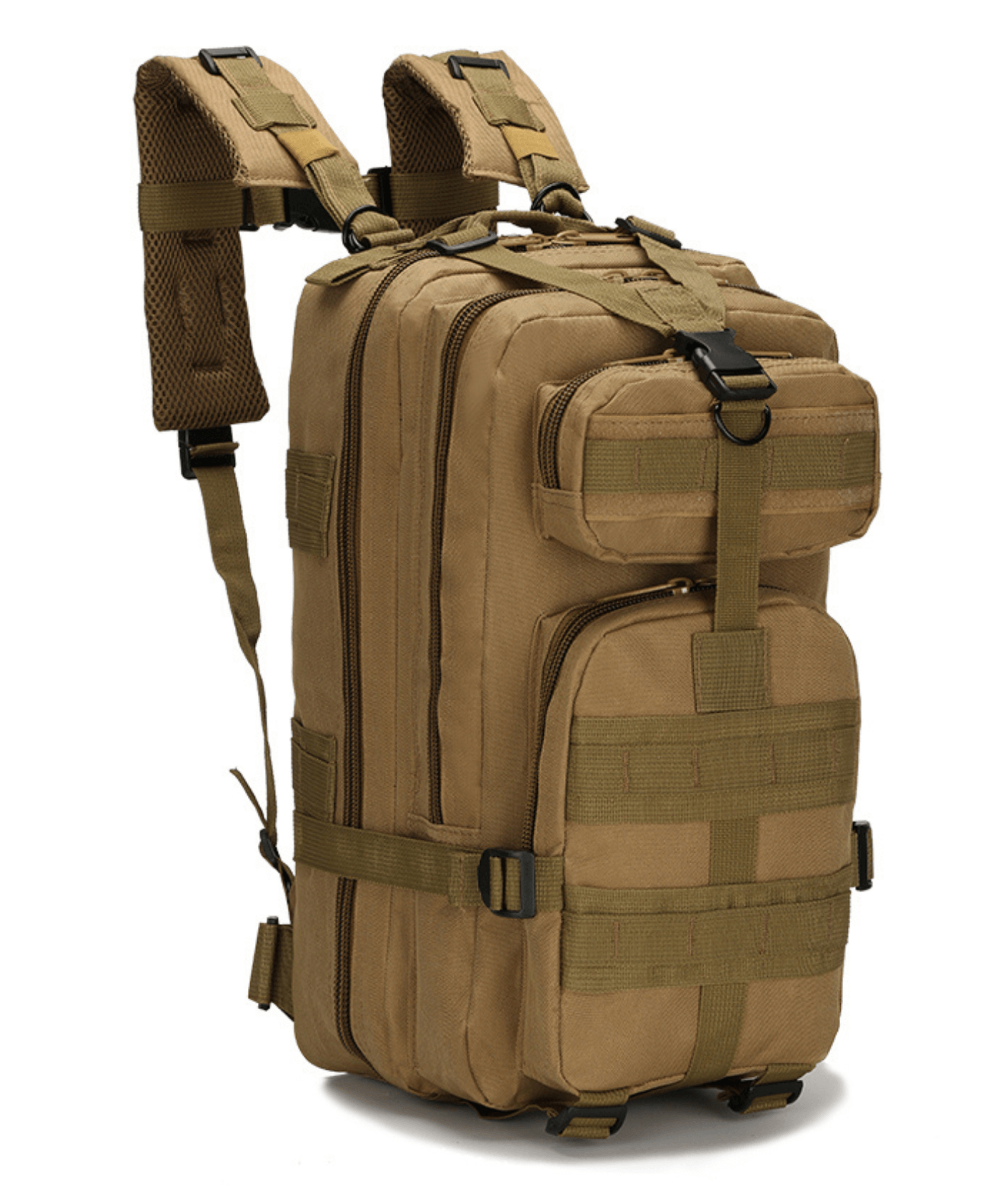 Tactical 25L Molle Backpack in olive green with multiple compartments and adjustable straps, ideal for outdoor activities and daily use.