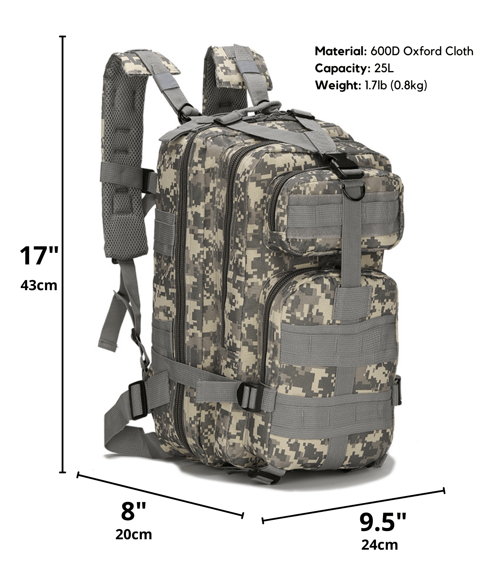 Tactical 25L Molle Backpack in olive green with multiple compartments and adjustable straps, ideal for outdoor activities and daily use.