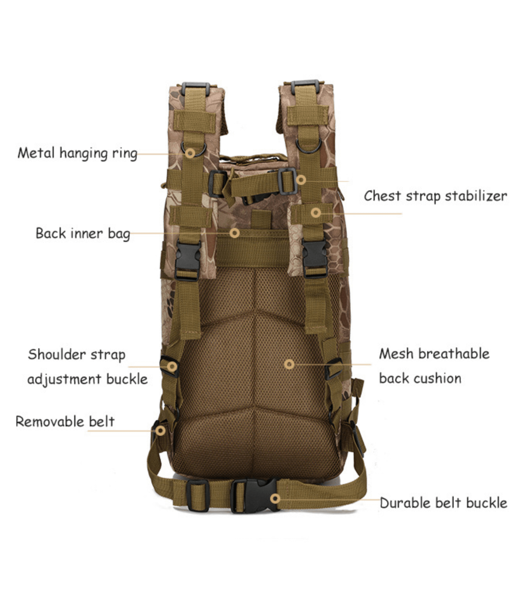 Tactical 25L Molle Backpack in olive green with multiple compartments and adjustable straps, ideal for outdoor activities and daily use.