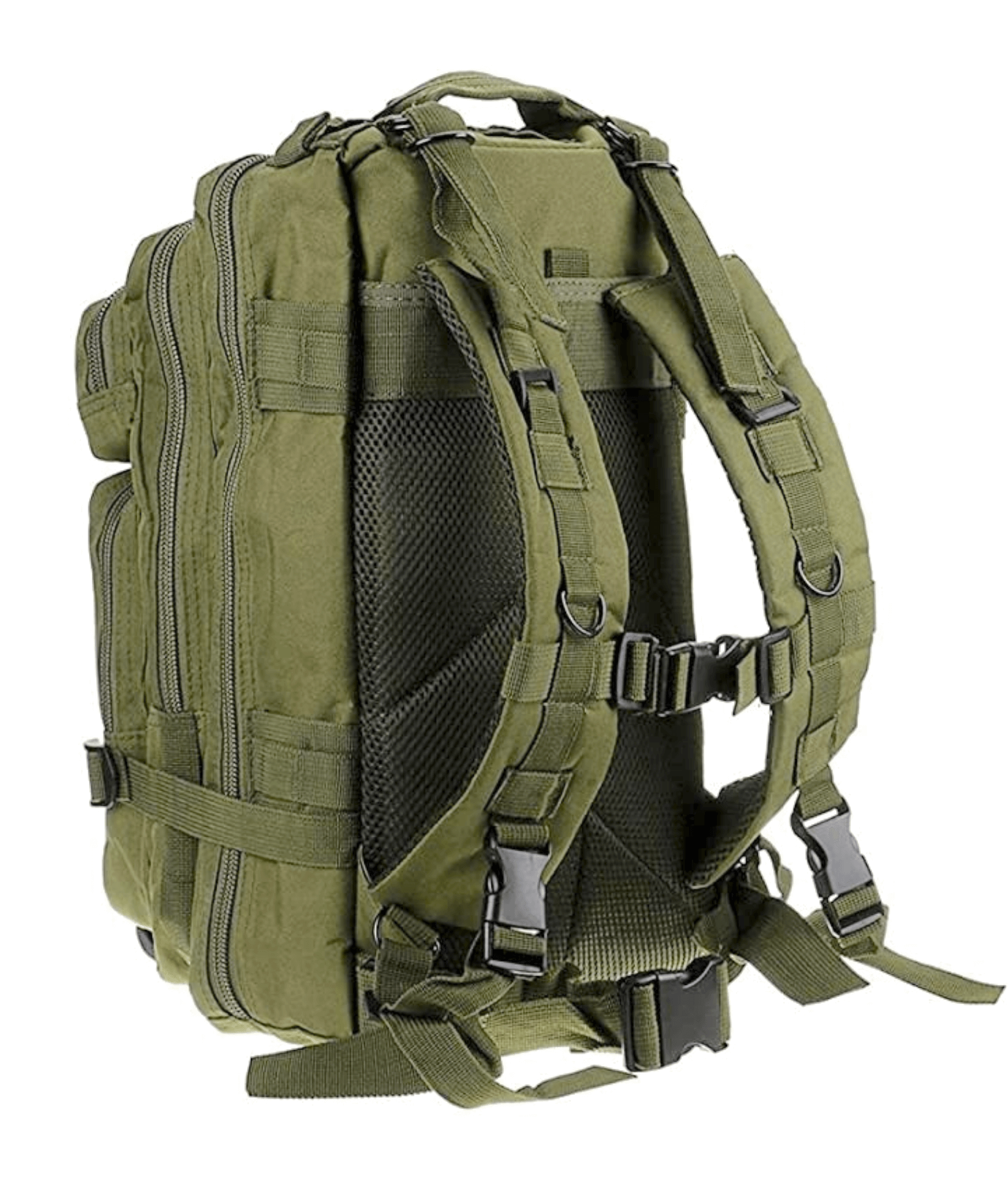 Tactical 25L Molle Backpack in olive green with multiple compartments and adjustable straps, ideal for outdoor activities and daily use.