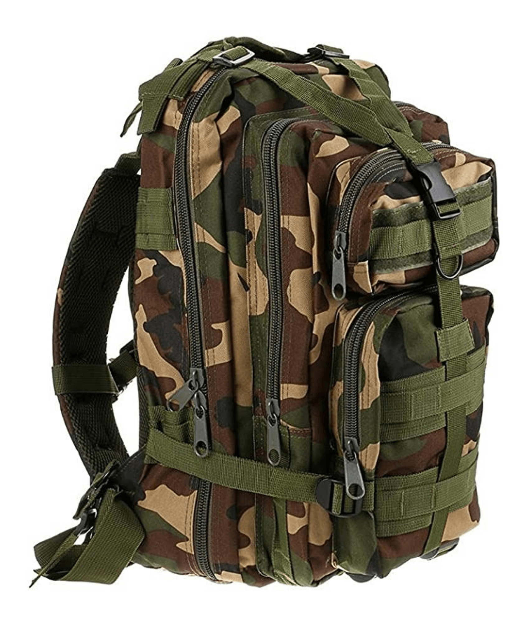 Tactical 25L Molle Backpack in olive green with multiple compartments and adjustable straps, ideal for outdoor activities and daily use.