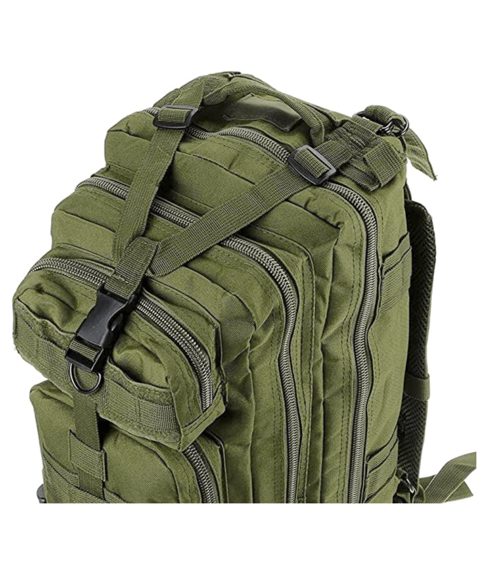 Tactical 25L Molle Backpack in olive green with multiple compartments and adjustable straps, ideal for outdoor activities and daily use.