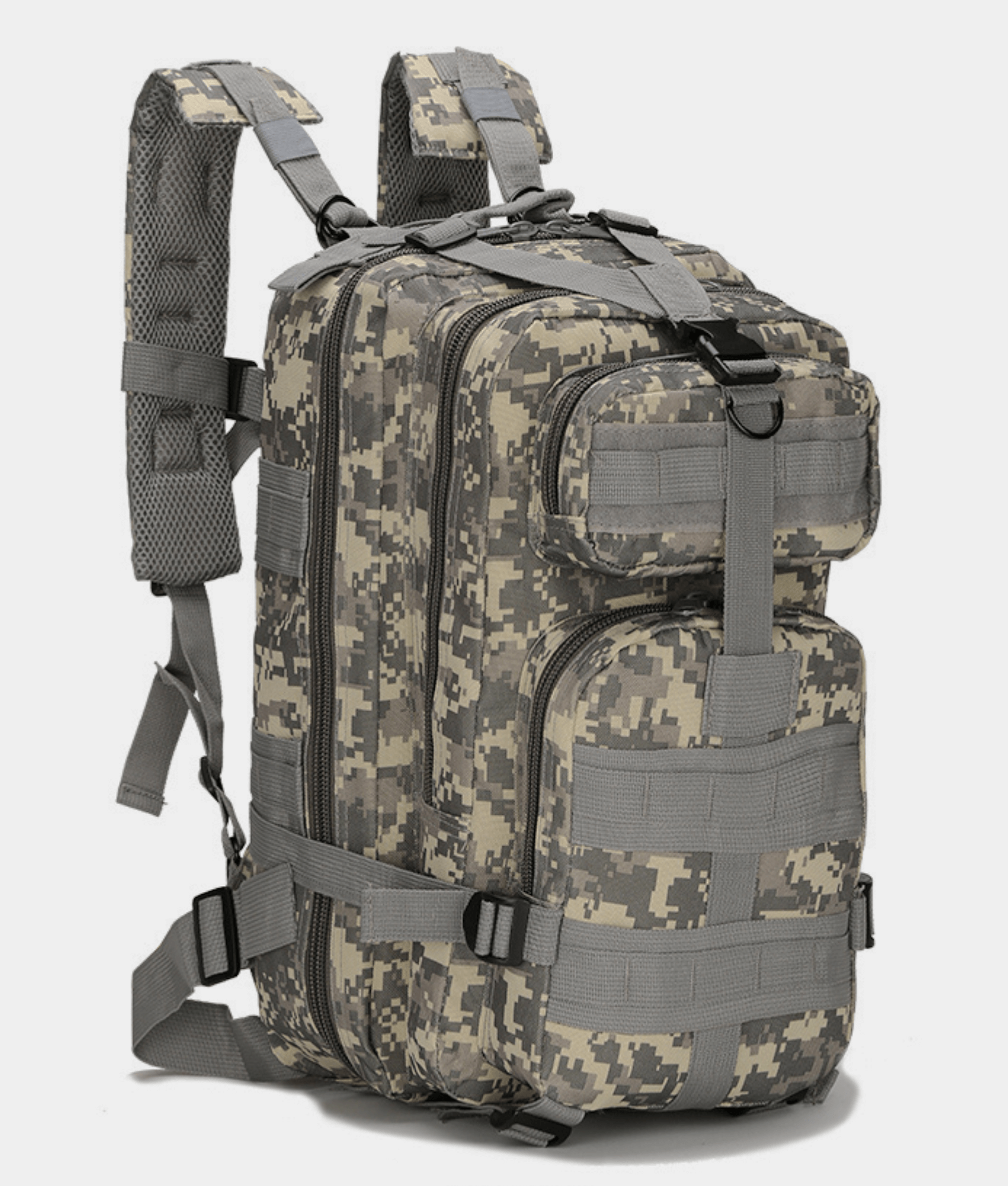 Tactical 25L Molle Backpack in olive green with multiple compartments and adjustable straps, ideal for outdoor activities and daily use.