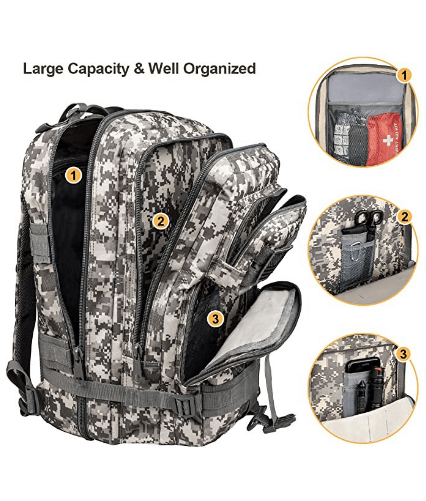 Tactical 25L Molle Backpack in olive green with multiple compartments and adjustable straps, ideal for outdoor activities and daily use.