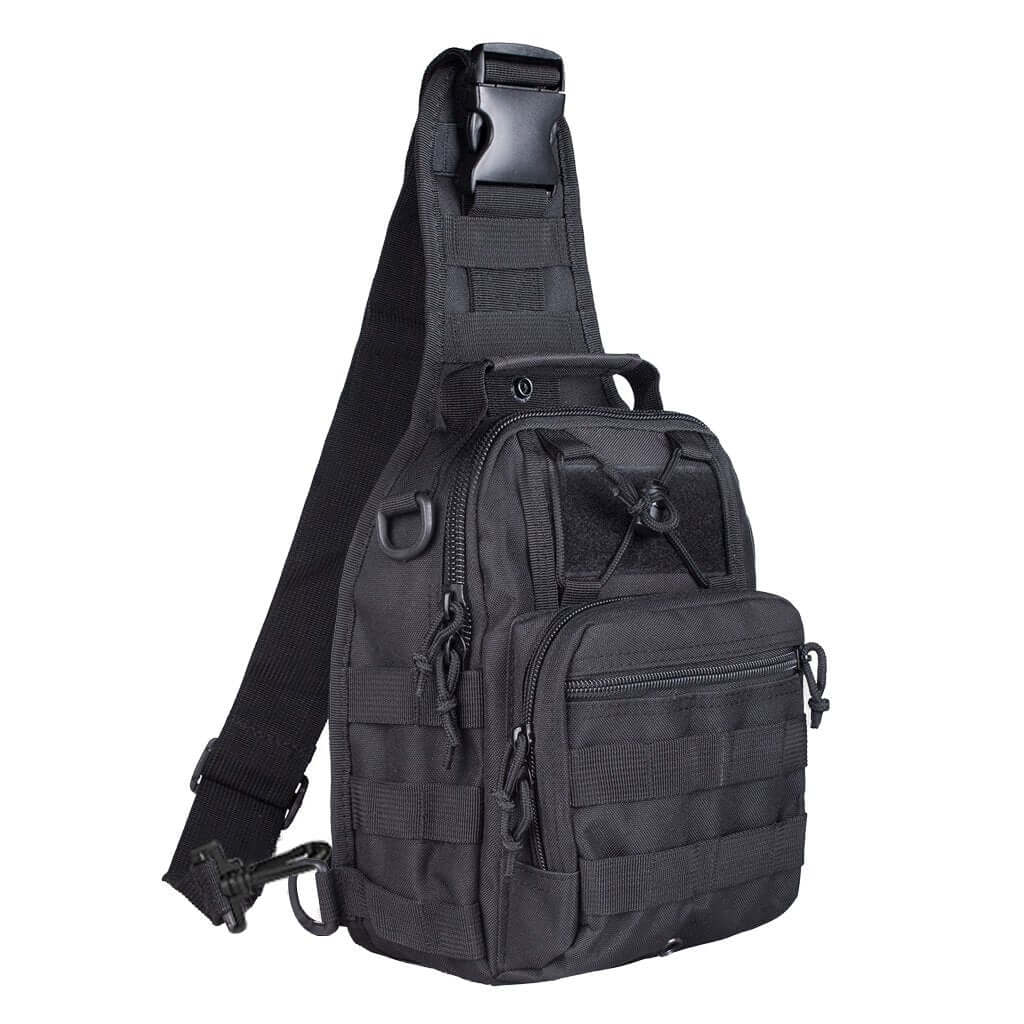 Tactical Sling Shoulder Bag featuring durable fabric, adjustable strap, and multiple pockets for outdoor and everyday use.