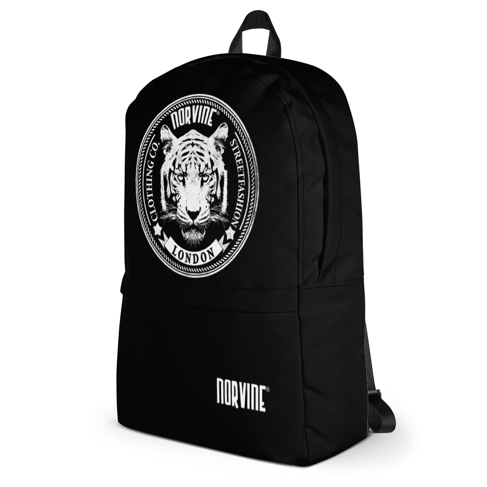 Tiger of London Backpack in medium size, featuring water-resistant polyester, multiple pockets including a laptop compartment, and padded ergonomic straps.