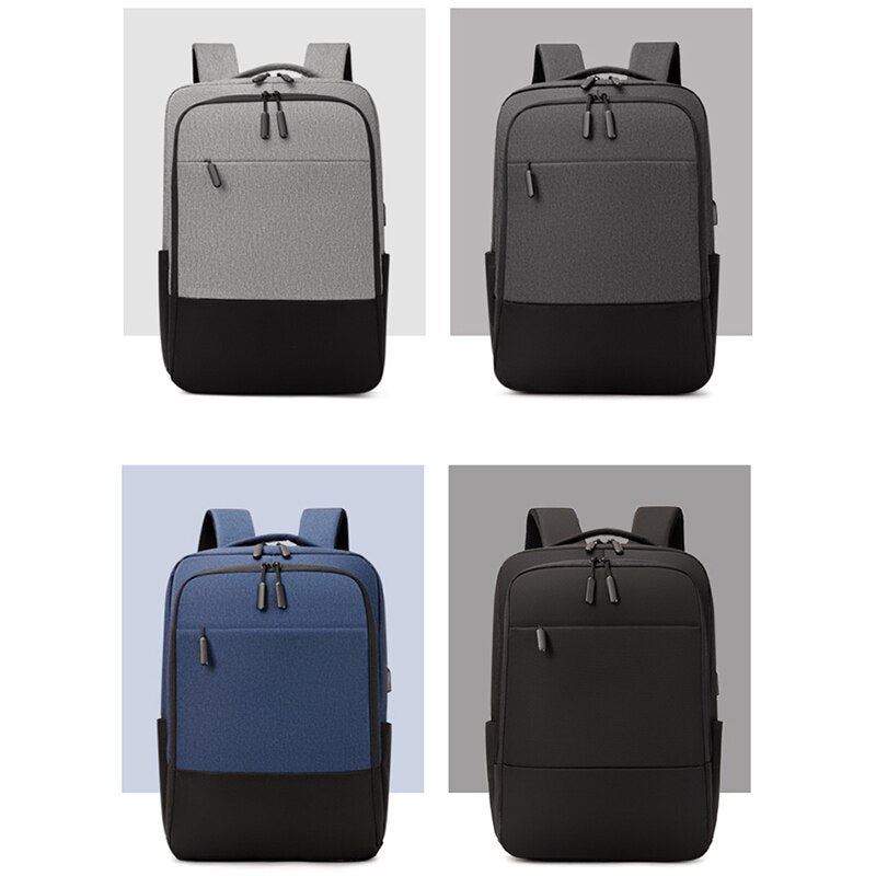 USB Charging Backpack for Men, waterproof and multifunctional with stylish patchwork design, featuring multiple pockets and USB charging port.