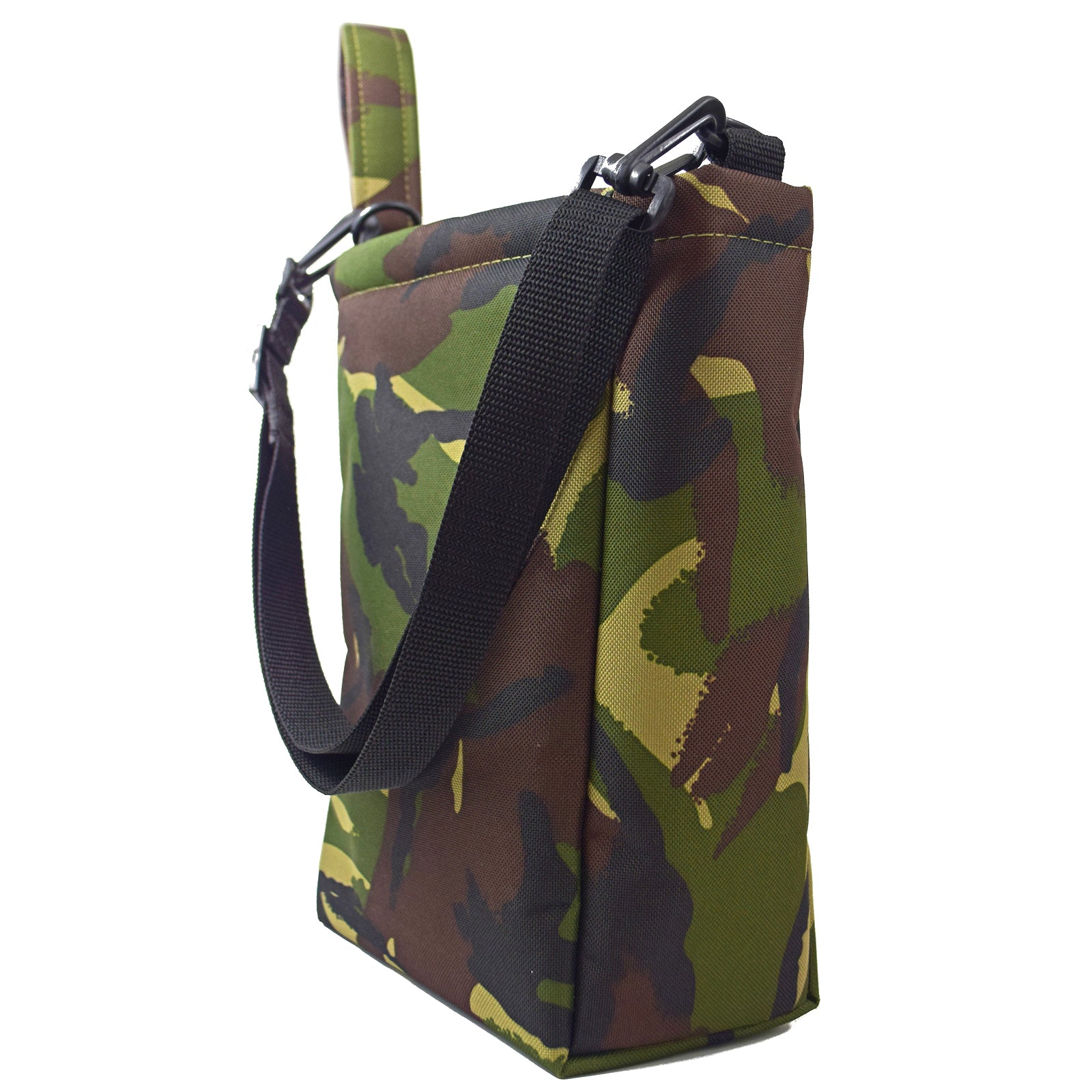 UTILITY Pouch Grab Bag in CAMO, featuring a cushioned interior, velcro closure, and adjustable straps for versatile carrying options.