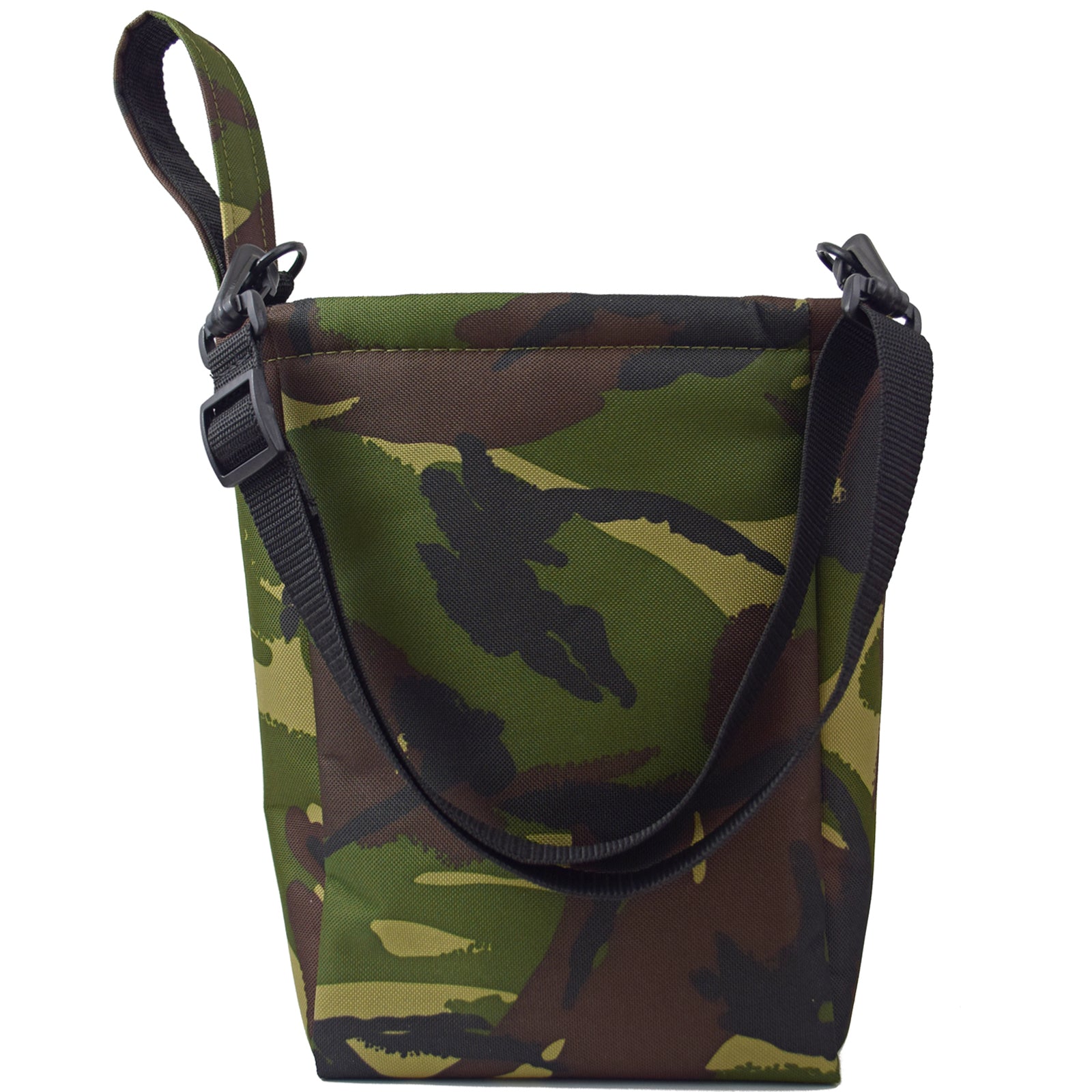 UTILITY Pouch Grab Bag in CAMO, featuring a cushioned interior, velcro closure, and adjustable straps for versatile carrying options.