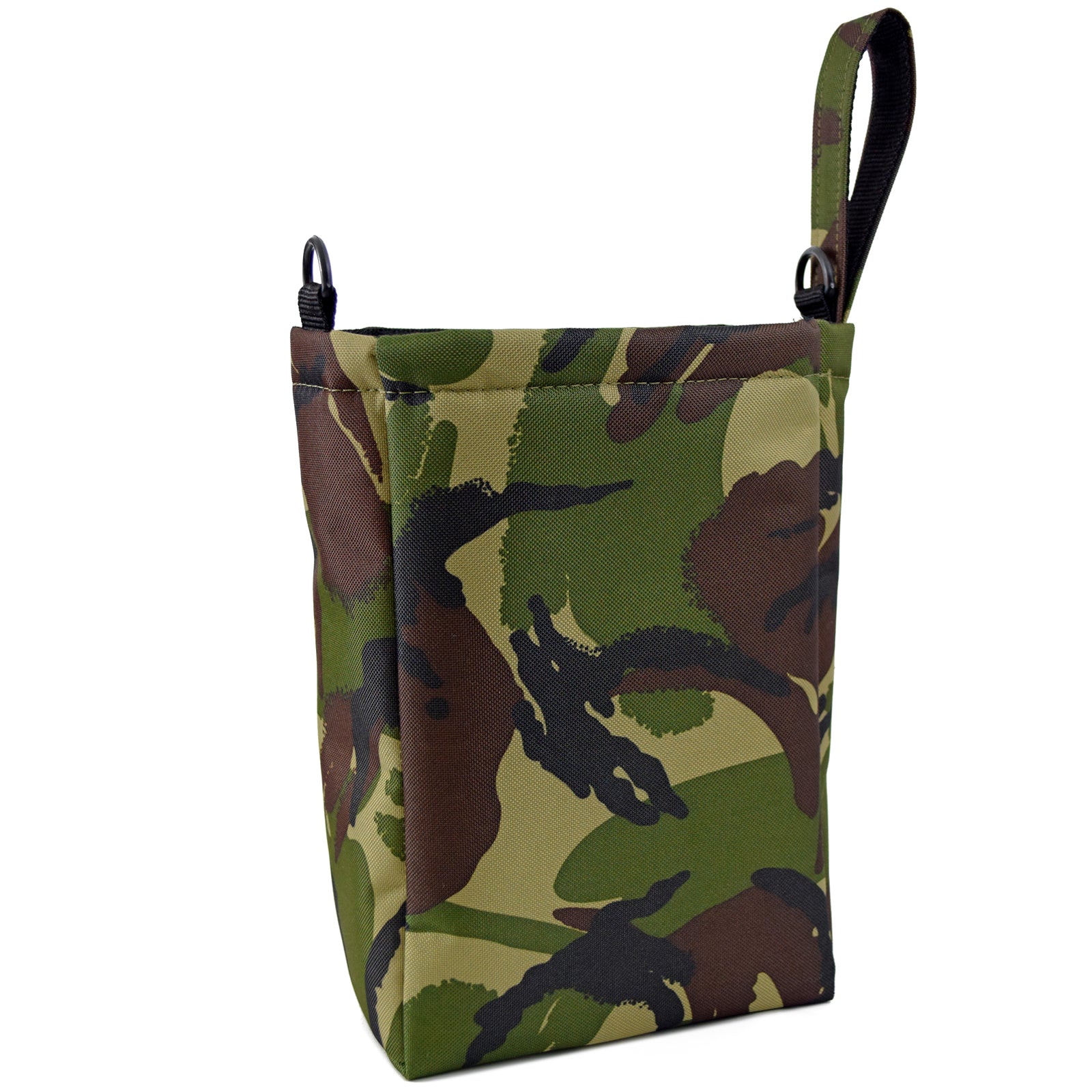 UTILITY Pouch Grab Bag in CAMO, featuring a cushioned interior, velcro closure, and adjustable straps for versatile carrying options.