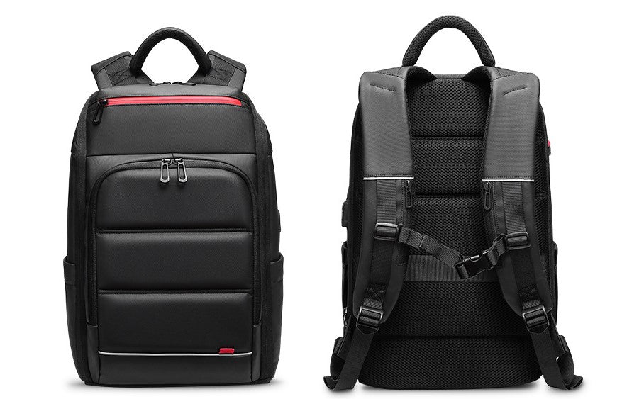 A stylish waterproof backpack featuring a multifunctional external USB port, designed for both men and women, showcasing its spacious compartments and modern design.