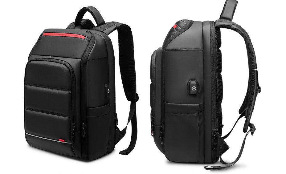 A stylish waterproof backpack featuring a multifunctional external USB port, designed for both men and women, showcasing its spacious compartments and modern design.