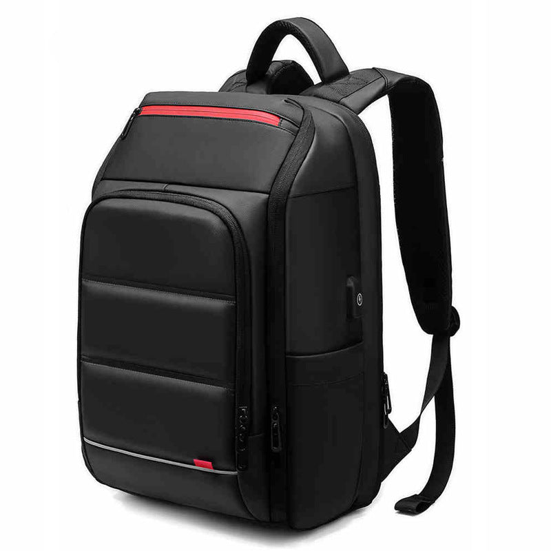 A stylish waterproof backpack featuring a multifunctional external USB port, designed for both men and women, showcasing its spacious compartments and modern design.