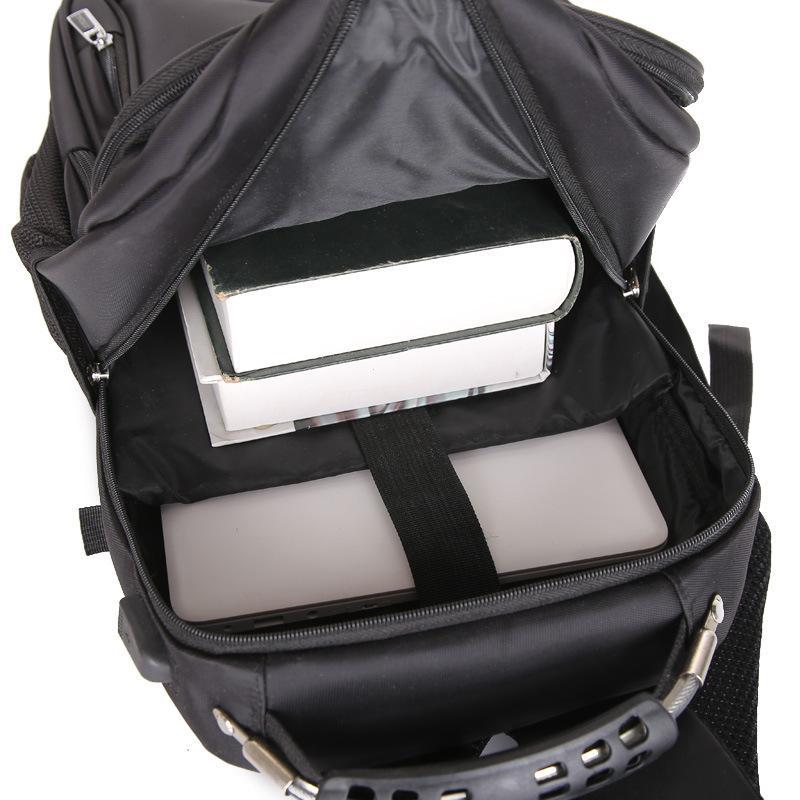 A stylish waterproof breathable men's travel backpack in black, featuring multiple compartments and anti-theft design.